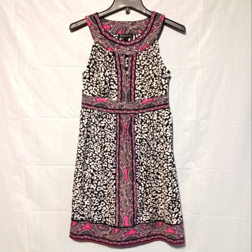 INC EUC Halter Dress Sz S, Black & White Animal Print w/ Pink Accents